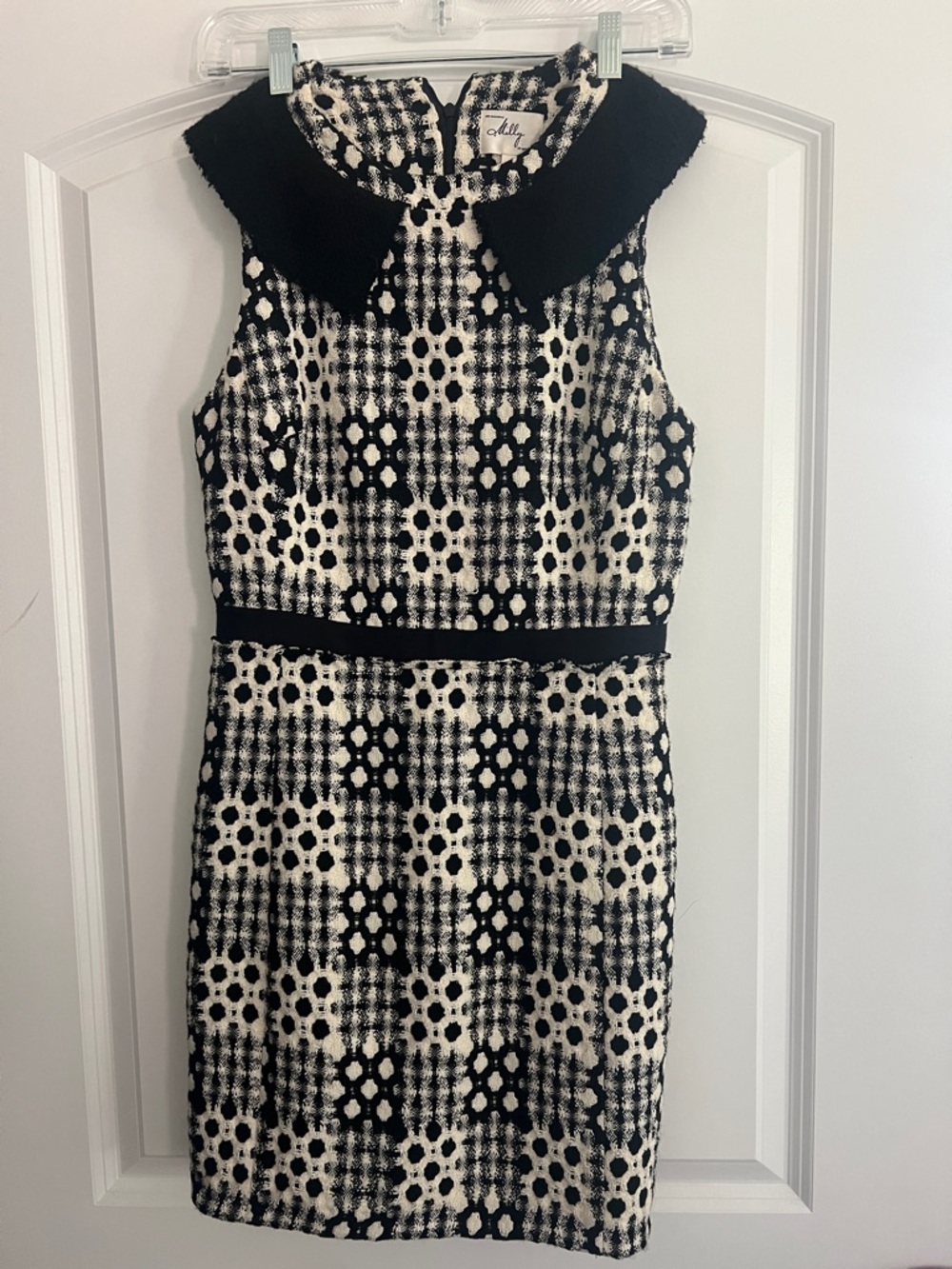 Milly Black and White Sleeveless Patterned Dress with Peter Pan Collar